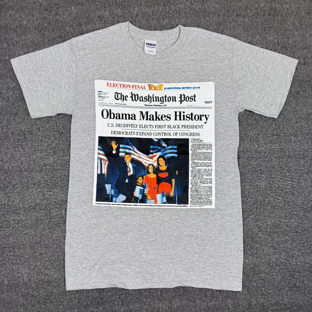 Vintage Barack Obama Makes History T-Shirt Mens Small Gray Newspaper President